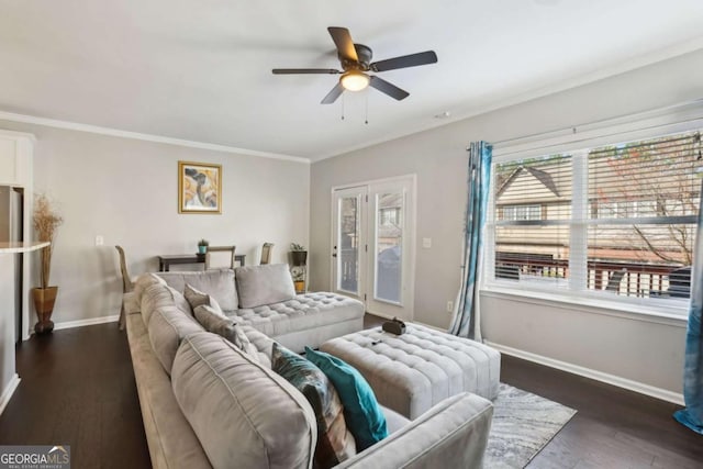 bedroom featuring access to outside, dark wood-style floors, baseboards, and ornamental molding