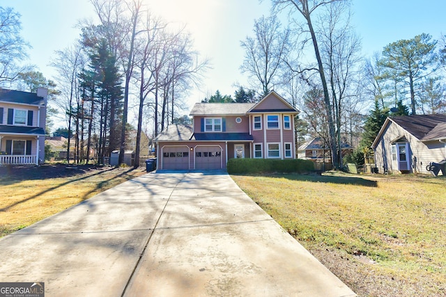 view of front of property with a garage, concrete driveway, and a front lawn