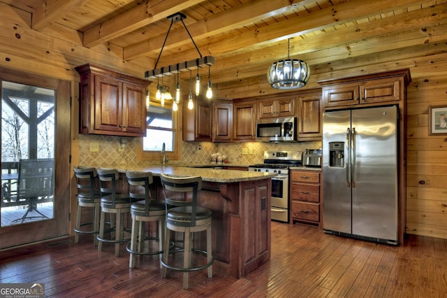 kitchen featuring dark wood-type flooring, wood ceiling, tasteful backsplash, and appliances with stainless steel finishes