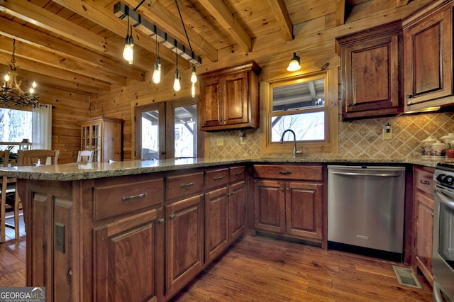 kitchen featuring beamed ceiling, dishwasher, wooden ceiling, a peninsula, and dark wood-style flooring