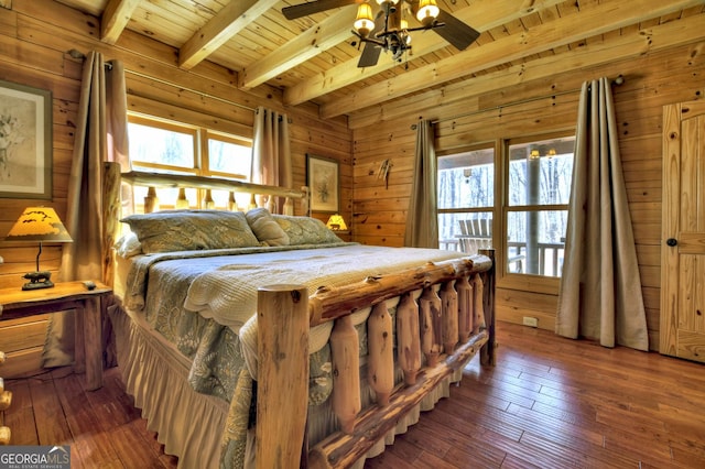 bedroom featuring hardwood / wood-style floors, beam ceiling, wooden ceiling, and wood walls