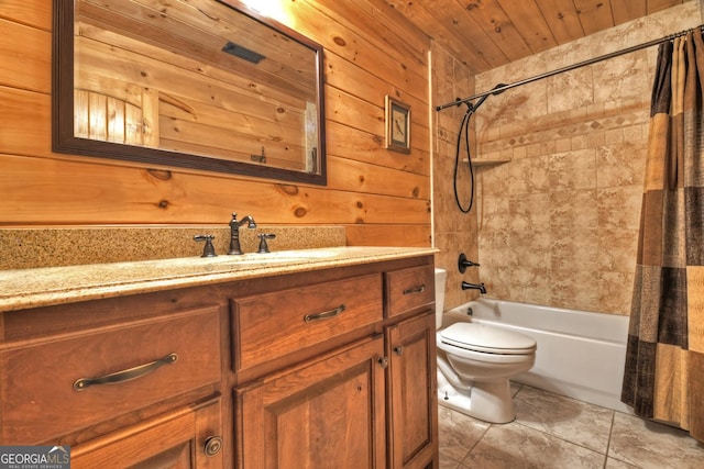 full bathroom with vanity, shower / tub combo, wood walls, wooden ceiling, and toilet