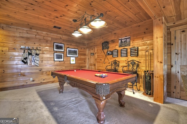 playroom with carpet floors, wood ceiling, and billiards