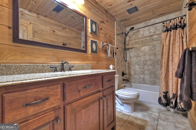 bathroom with wooden walls, shower / bath combo with shower curtain, toilet, wood ceiling, and vanity