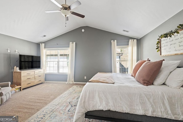 bedroom with visible vents, a ceiling fan, baseboards, carpet flooring, and lofted ceiling