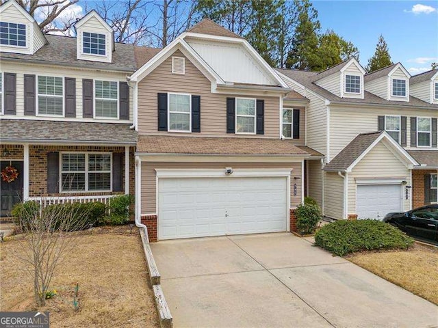 view of property with brick siding, an attached garage, concrete driveway, and a shingled roof