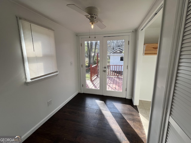 entryway featuring ceiling fan, french doors, baseboards, and dark wood-style flooring