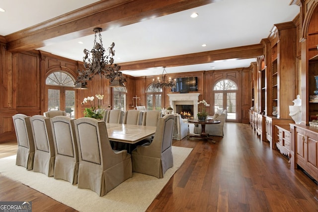 0 Winterthur, Sandy Springs, GA 30328 - dining room featuring a chandelier, beamed ceiling, plenty of natural light, recessed lighting, and wood walls