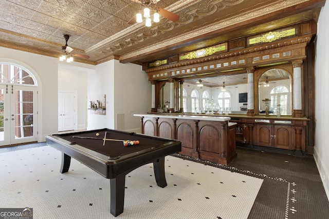0 Winterthur, Sandy Springs, GA 30328 - game room with a ceiling fan, bar, an ornate ceiling, and billiards