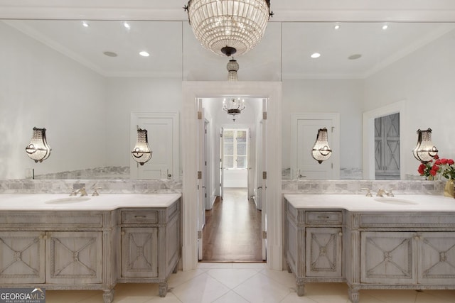 0 Winterthur, Sandy Springs, GA 30328 - full bathroom with a chandelier, two vanities, crown molding, tile patterned flooring, and recessed lighting