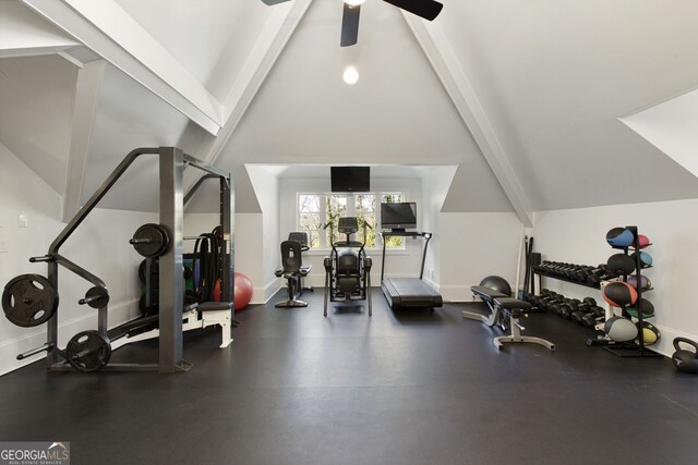 0 Winterthur, Sandy Springs, GA 30328 - exercise area with lofted ceiling, baseboards, and a ceiling fan