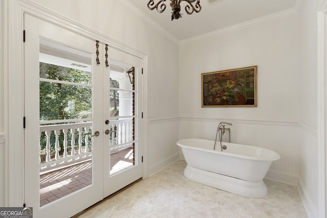 0 Winterthur, Sandy Springs, GA 30328 - doorway to outside featuring french doors, crown molding, a chandelier, and a wainscoted wall