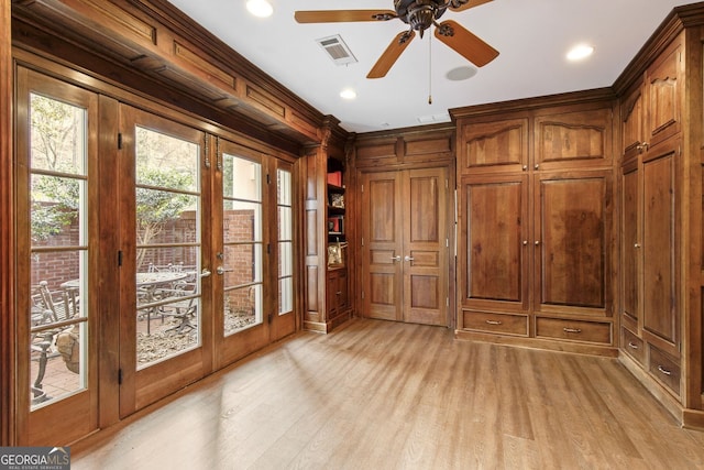 0 Winterthur, Sandy Springs, GA 30328 - doorway with french doors, light wood finished floors, ceiling fan, recessed lighting, and wood walls