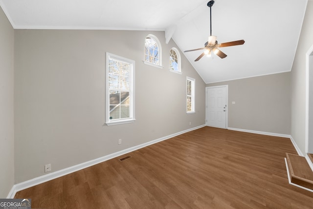 unfurnished living room featuring visible vents, ceiling fan, and wood finished floors