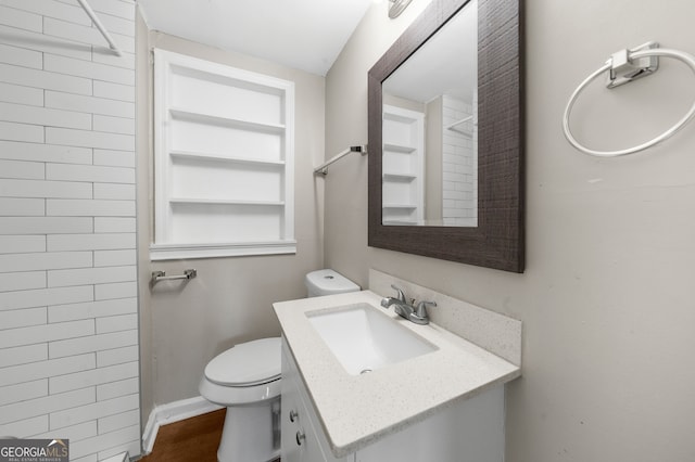 bathroom featuring toilet, vanity, and wood finished floors