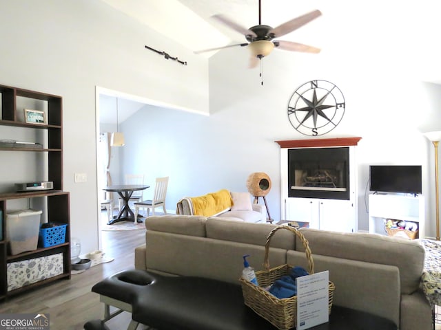 living area featuring lofted ceiling, wood finished floors, and ceiling fan