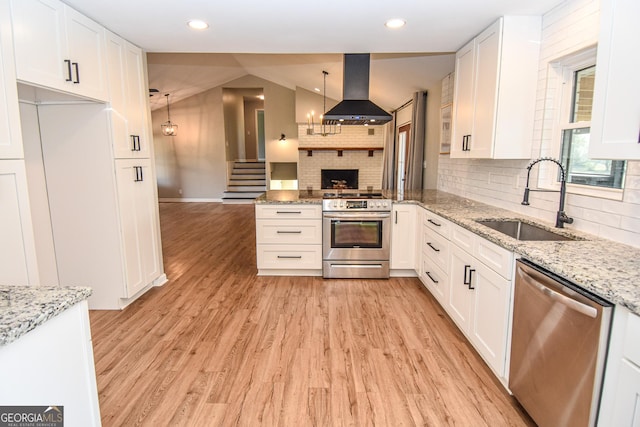 kitchen with ventilation hood, a sink, stainless steel appliances, white cabinets, and open floor plan