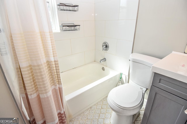 bathroom with shower / bath combination with curtain, toilet, and vanity