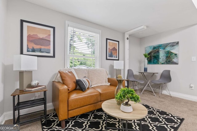 carpeted living area with baseboards