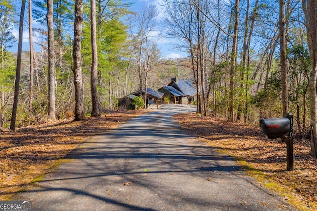 view of street with a wooded view and driveway