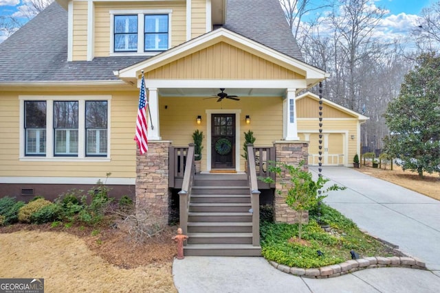 craftsman-style home with covered porch, roof with shingles, concrete driveway, a garage, and ceiling fan