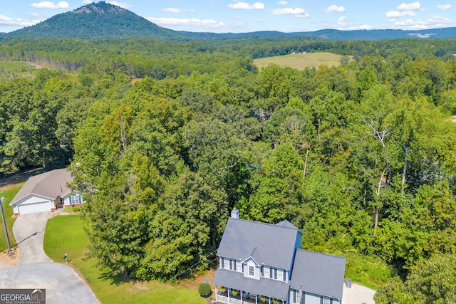 drone / aerial view with a mountain view and a forest view