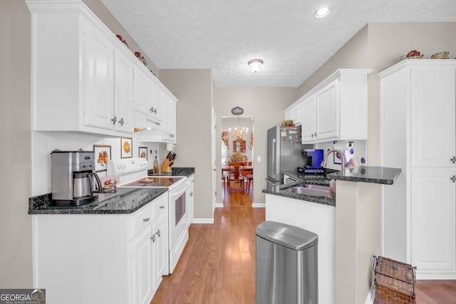 kitchen featuring white electric range, under cabinet range hood, a sink, light wood-style floors, and white cabinets