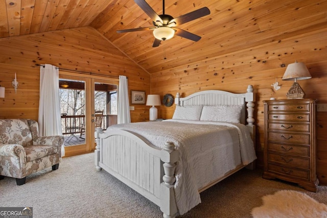 bedroom featuring carpet floors, vaulted ceiling, wood walls, wooden ceiling, and access to outside