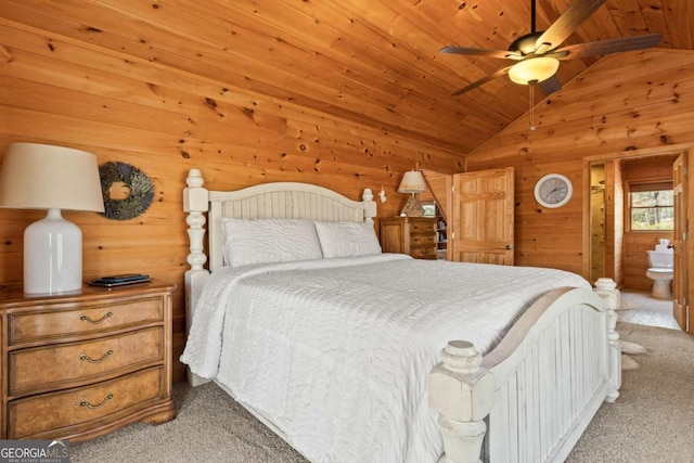 bedroom with light carpet, wood ceiling, wood walls, and vaulted ceiling