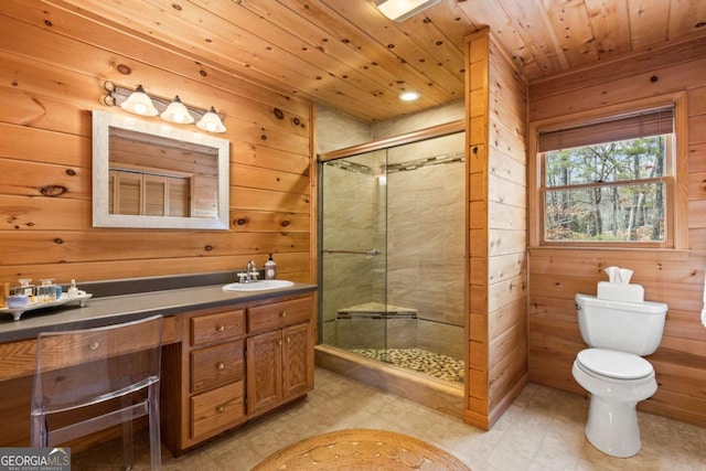 bathroom with vanity, a shower stall, wood ceiling, wood walls, and toilet