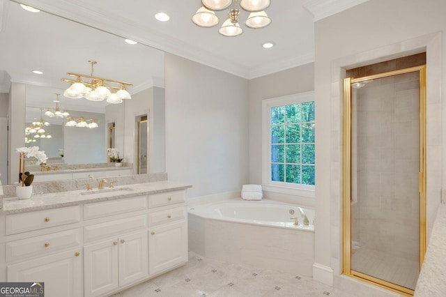 1139 Tennyson Pl NE, Brookhaven, GA 30319 - bathroom with a chandelier, a stall shower, a bath, crown molding, and recessed lighting