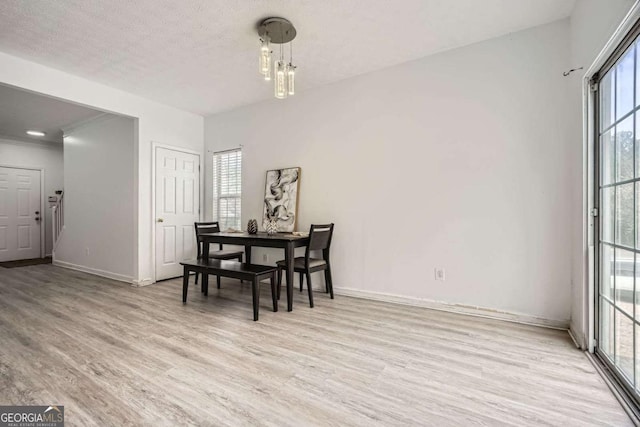 dining room with a textured ceiling, baseboards, and light wood-style floors