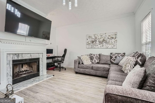 living room with wood finished floors, a textured ceiling, ornamental molding, and a high end fireplace