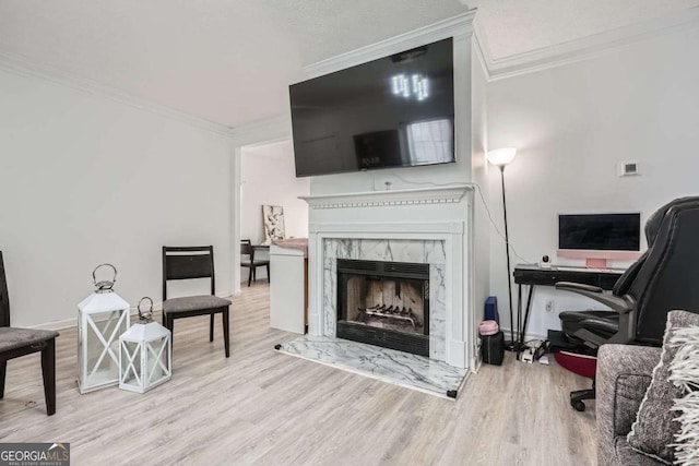 living area featuring wood finished floors, a fireplace, and ornamental molding