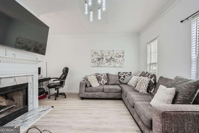 living area with wood finished floors, baseboards, a fireplace, a textured ceiling, and crown molding