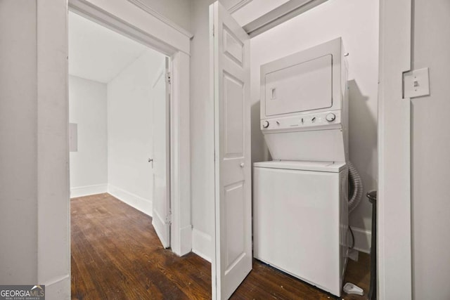 1769 Lyle Ave, Atlanta, GA 30337 - washroom featuring stacked washer / drying machine and dark wood finished floors