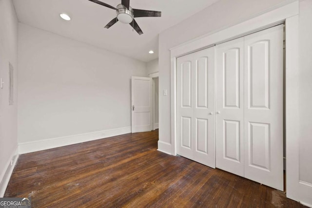 1769 Lyle Ave, Atlanta, GA 30337 - unfurnished bedroom with dark wood finished floors, recessed lighting, a closet, and a ceiling fan