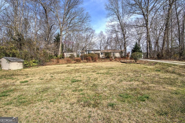 view of yard featuring an outbuilding and a shed