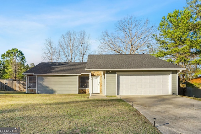 single story home with a shingled roof, fence, concrete driveway, a front yard, and an attached garage