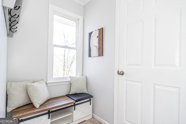 living area featuring baseboards