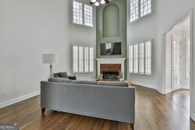 living area with a fireplace, a healthy amount of sunlight, dark wood-style flooring, and baseboards