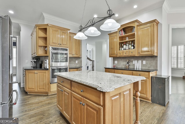 kitchen featuring open shelves, stainless steel appliances, and light wood-style flooring