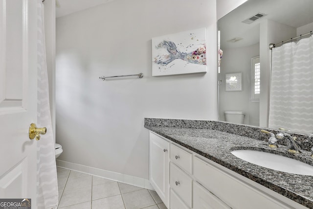 bathroom with tile patterned floors, visible vents, toilet, and vanity