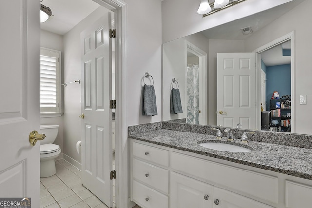 full bathroom featuring tile patterned floors, visible vents, toilet, and vanity