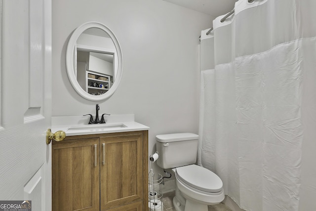 bathroom with a shower with shower curtain, toilet, and vanity