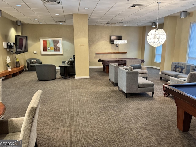 recreation room with billiards, carpet flooring, baseboards, and visible vents