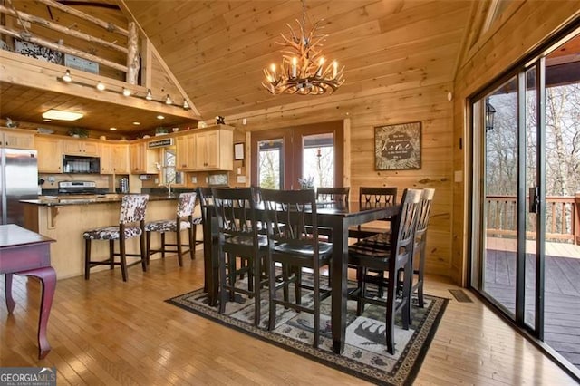 dining room with high vaulted ceiling, light wood-style floors, wooden walls, wood ceiling, and a chandelier