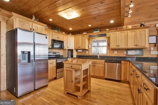 kitchen featuring light brown cabinets, wood ceiling, light wood-style flooring, stainless steel appliances, and a sink