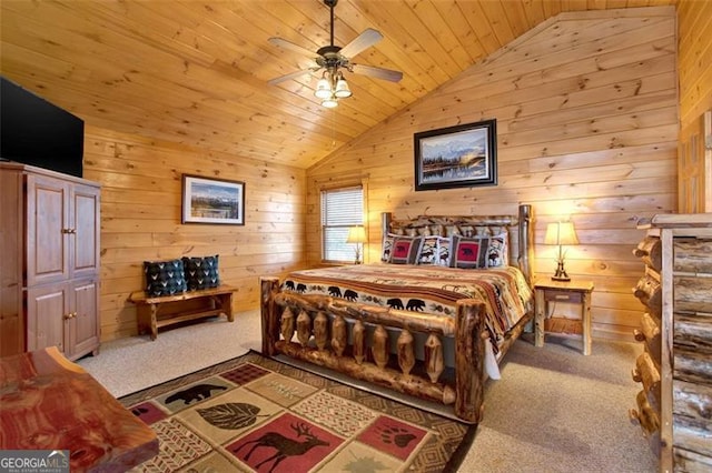 bedroom featuring wooden walls, lofted ceiling, and carpet floors