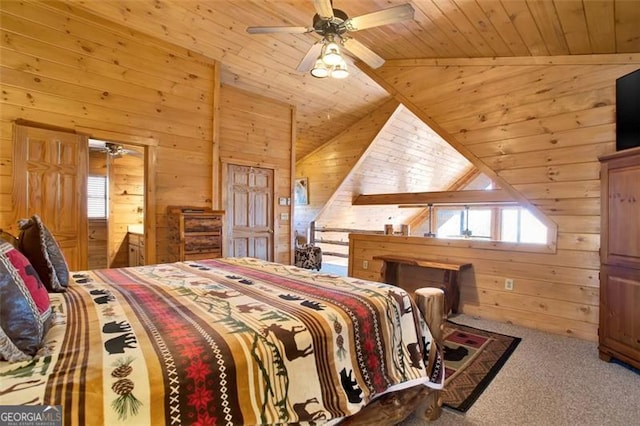 carpeted bedroom with wooden walls, wood ceiling, and vaulted ceiling